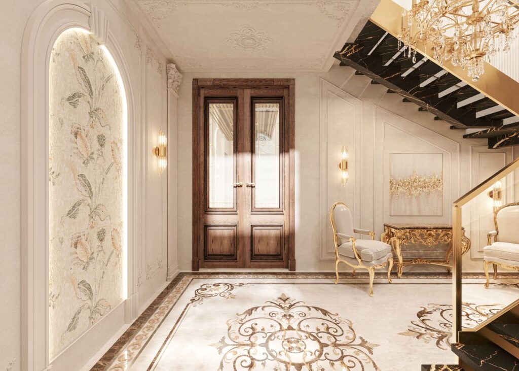 Elegant and ornate indoor space with vintage decor and marble details, showcasing classic architecture and design.